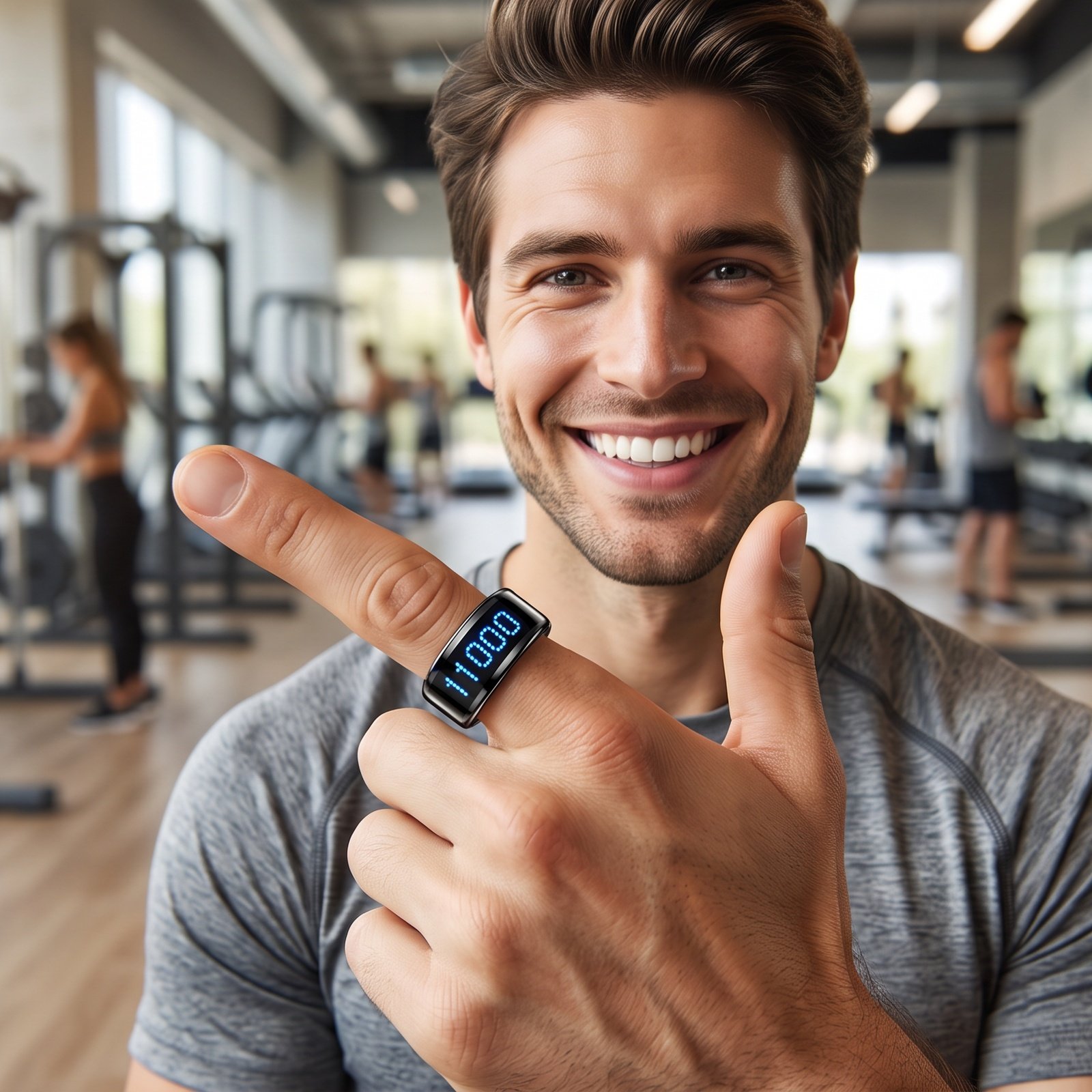 Man at the gym wearing the SR16 smart ring in black showing a step count on the display