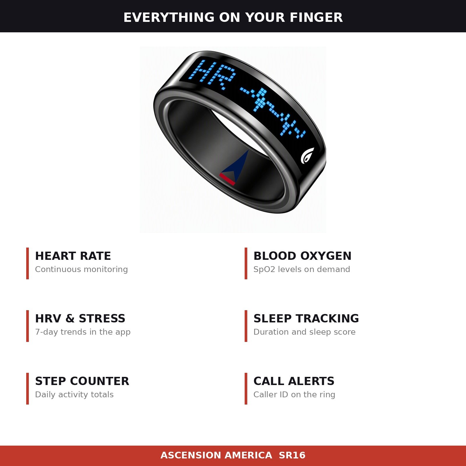 Infographic of six SR16 smart ring features including heart rate, sleep tracking, and call alerts