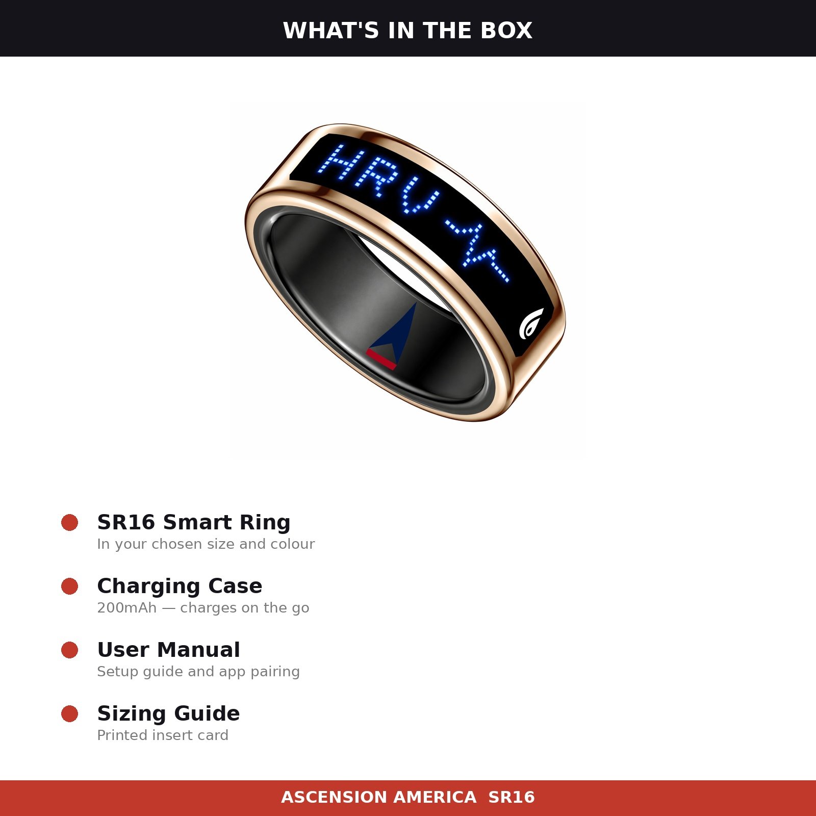 What is in the box: SR16 ring, charging case, user manual, and sizing insert card