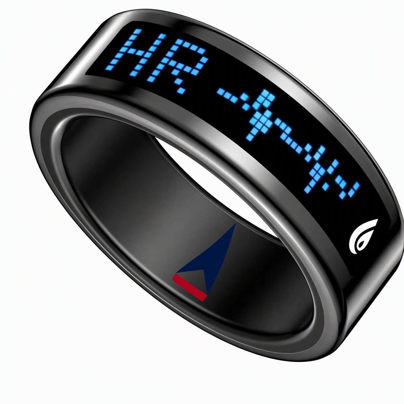 Ascension America SR16 smart ring in Bright Black with blue LED display, front view