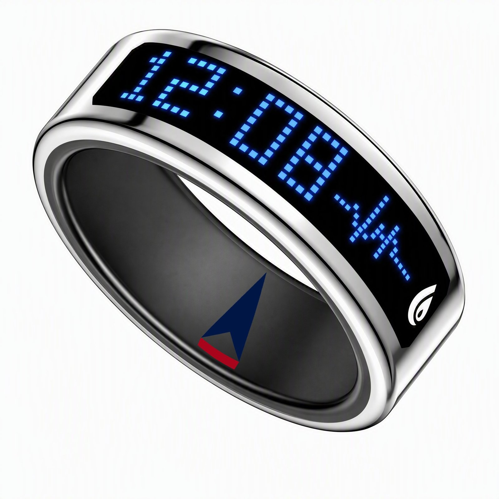 Ascension America SR16 smart ring in Bright Silver with blue LED display, front view